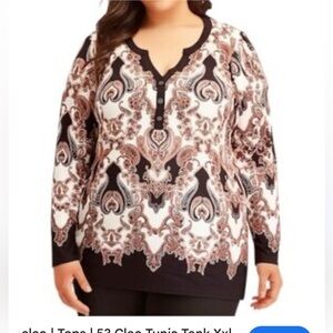 CLEO Long Sleeve Paisley Tunic Top - brown and black